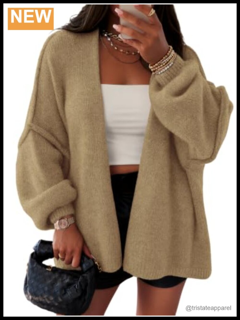 Oversized Open Front Cardigan Sweater Lantern Sleeve Lightweight Knit